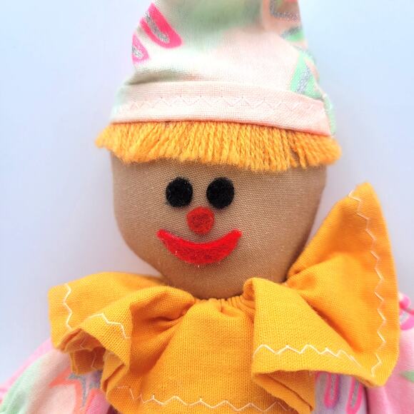 Vintage Cloth Clown Doll 11" Handmade Tie Dye Pastel Outfit Soft Toy Smile - Picture 4 of 7